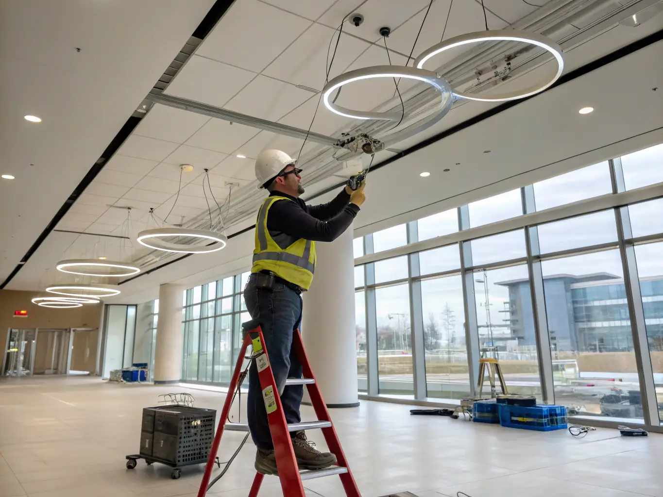 An electrician installing lighting fixtures in a commercial office space, emphasizing professionalism and expertise.