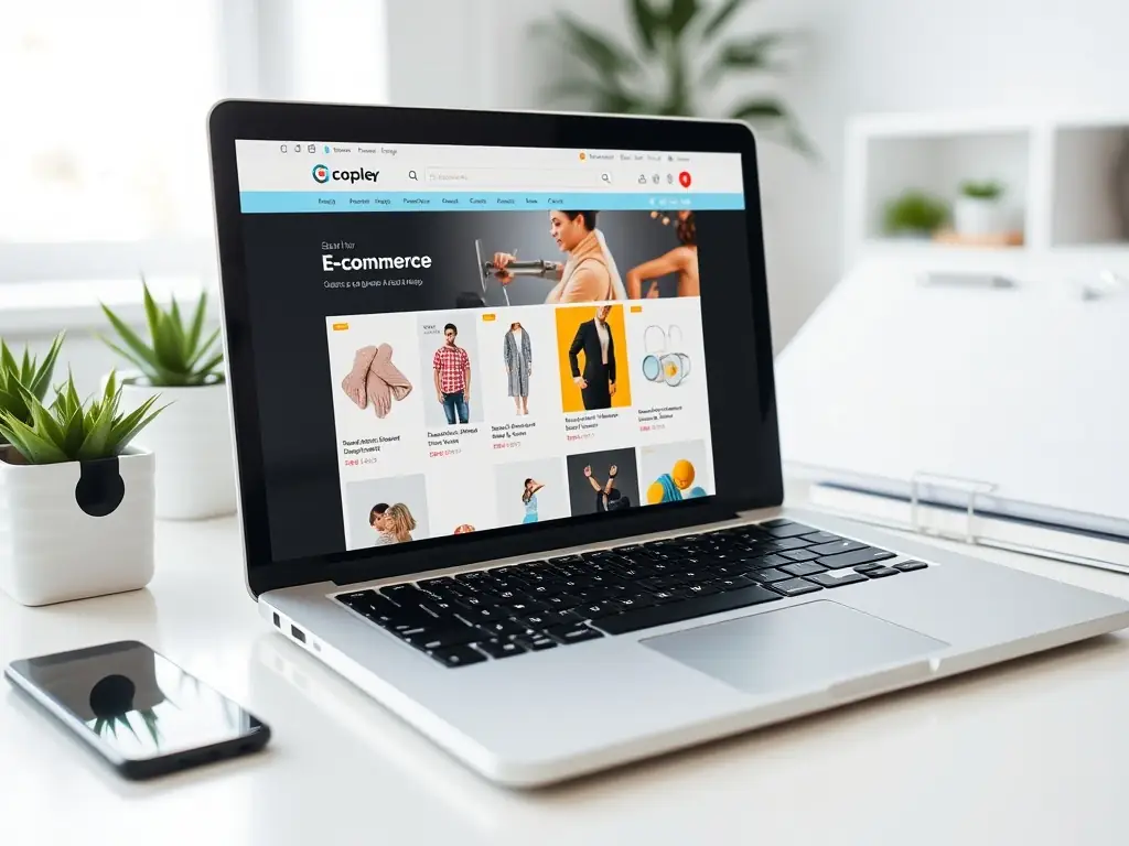 A high-quality photograph showcasing a user-friendly e-commerce website interface designed by Building Portland, displayed on a laptop screen, with a satisfied customer browsing products.