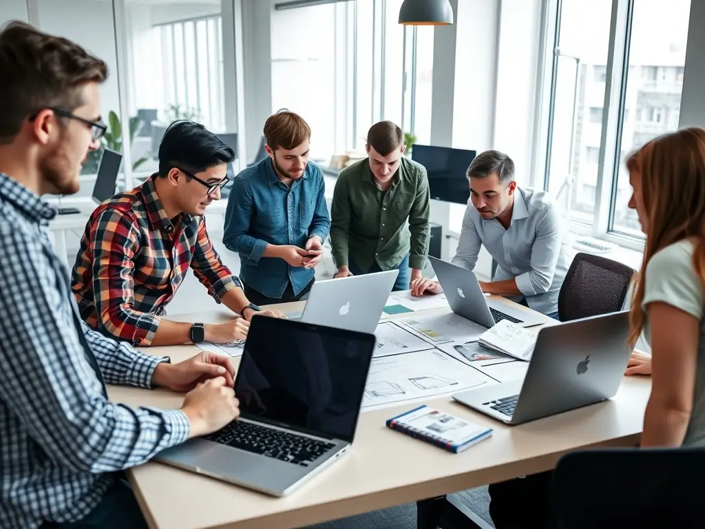 A professional photograph of the Building Portland team collaborating on an e-commerce website design, with blueprints and digital mockups visible on a large screen.