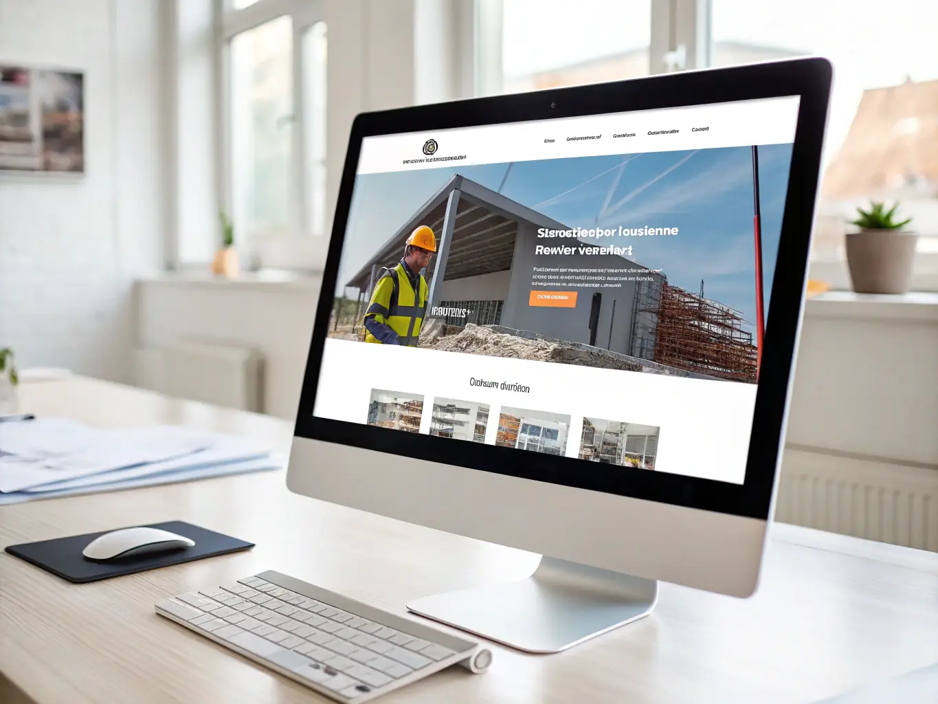 A clean, modern website design mockup for a construction company, featuring a prominent call to action and a focus on showcasing completed projects.