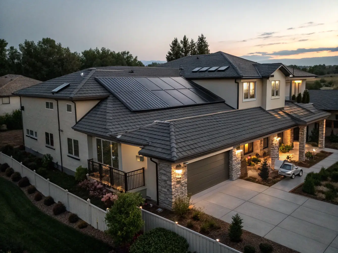 A clean, modern website design featuring a high-resolution image of a newly installed roof with solar panels, set against a clear blue sky. The image is professionally lit and showcases the quality of the roofing work.
