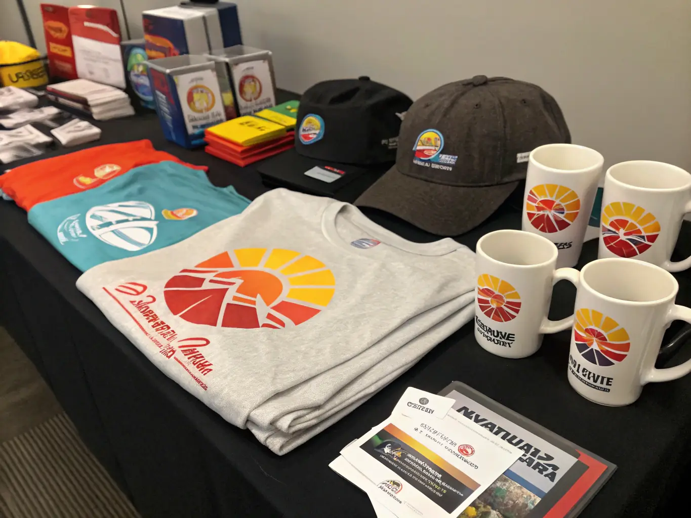 A vibrant photograph of a variety of team merchandise, such as t-shirts, hats, and mugs, all featuring a company logo and consistent branding, displayed in a fun and engaging way.