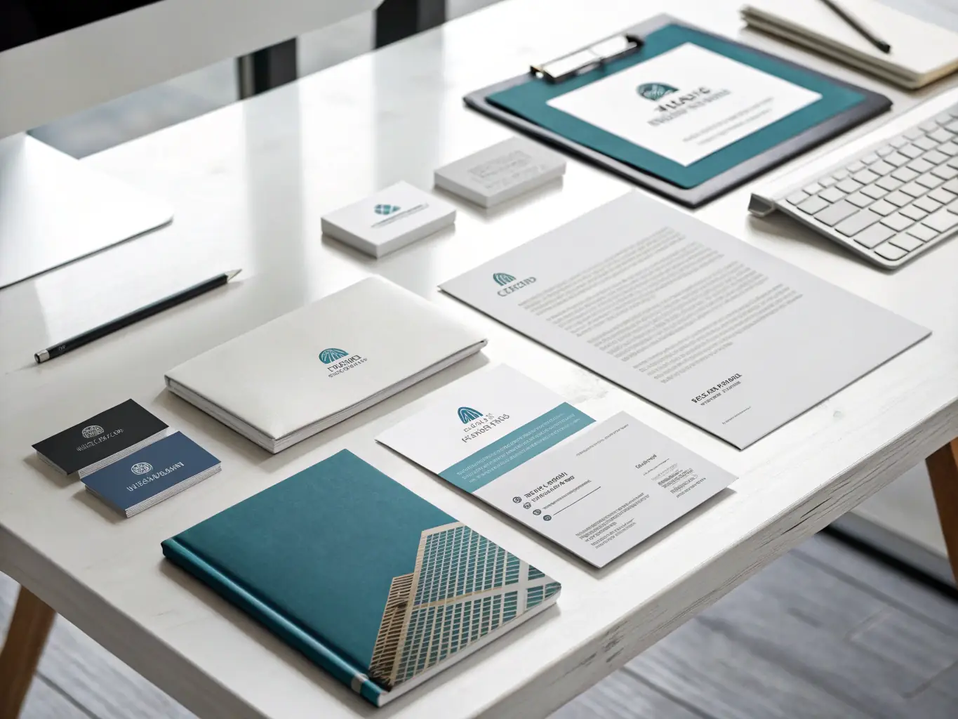 A professional photograph of branding materials, including a logo design, business cards, and letterhead, all consistent with a strong brand identity for a small business.