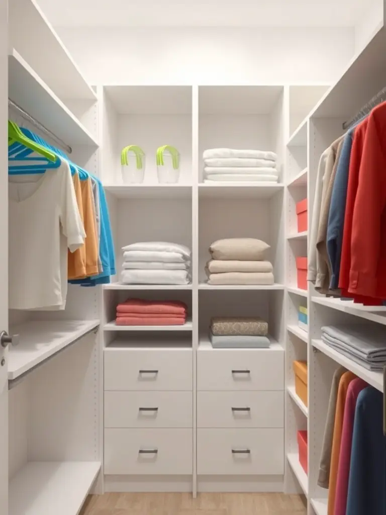 A high-resolution photo of a meticulously organized closet, showcasing Building Portland's pre-move decluttering and organization service. The closet should have color-coded hangers and neatly arranged items.