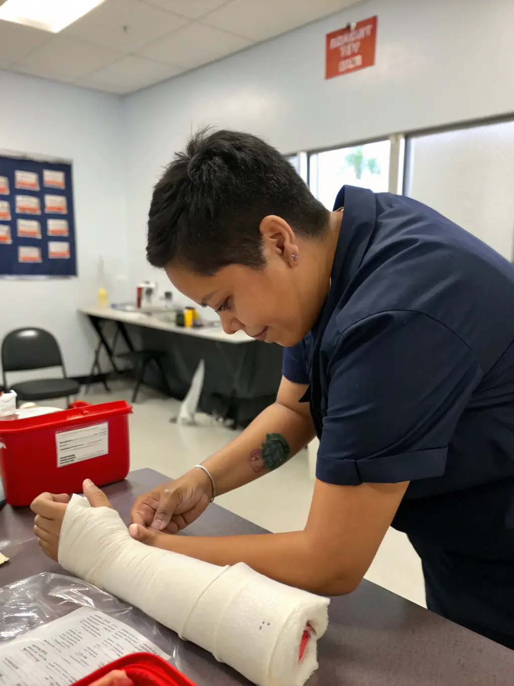A person bandaging another's arm during a first aid training session, emphasizing the importance of immediate medical care.
