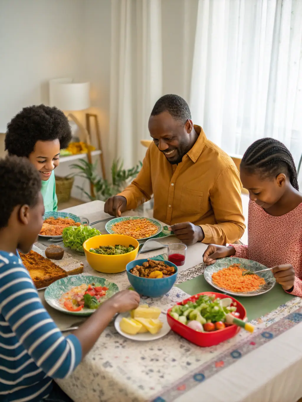 A picture of a smiling family in their new, fully unpacked kitchen, enjoying a meal together, highlighting the benefits of complete unpacking services.
