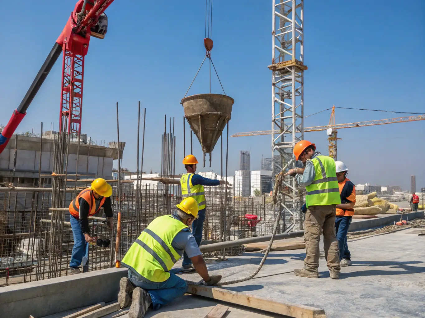 A high-quality photo of a construction site with workers using tablets to view project plans, showcasing the integration of technology in the construction industry.