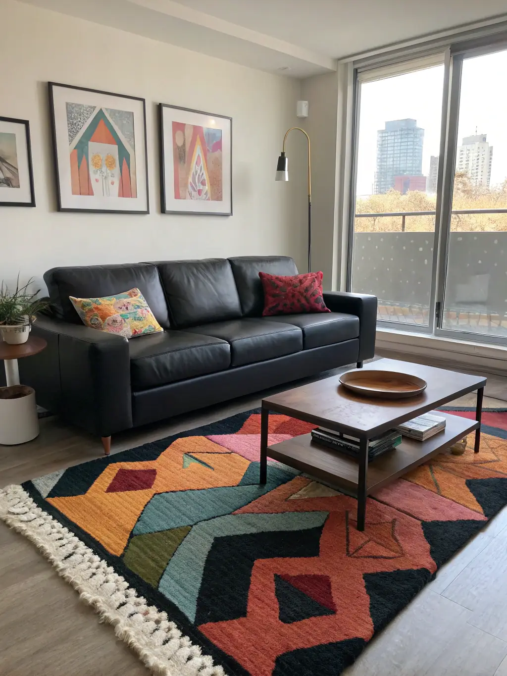 A high-resolution photograph of a modern living room with a large abstract painting perfectly centered above a sleek sofa, showcasing expert art placement.