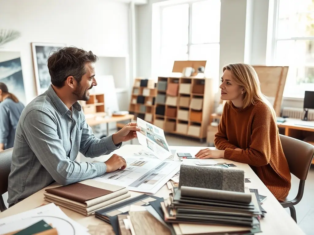 An image depicting a Building Portland designer consulting with a client about the optimal lighting and layout for their art collection in a luxury Portland apartment.