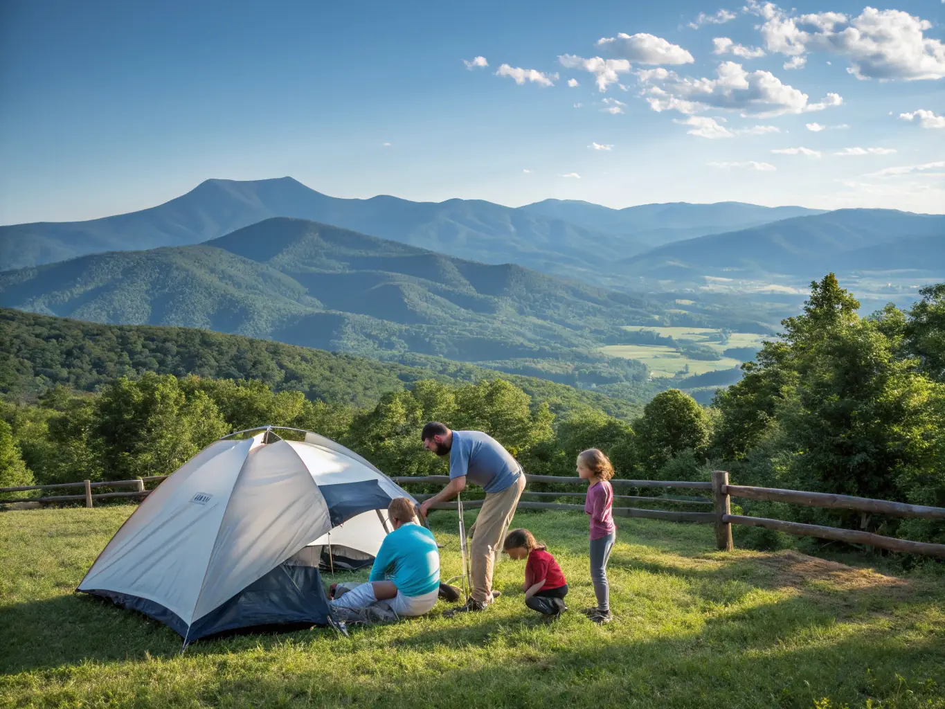 A high-quality image depicting a family confidently setting up a tent during a preparedness training session, showcasing teamwork and practical skills.