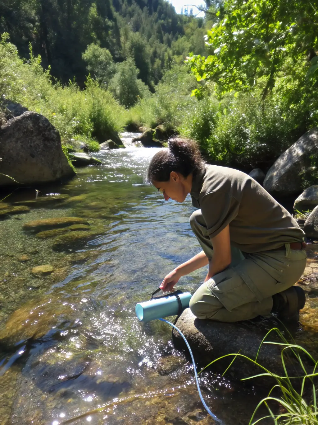 A group of people filtering water using a portable water filter, highlighting the process of obtaining clean drinking water.
