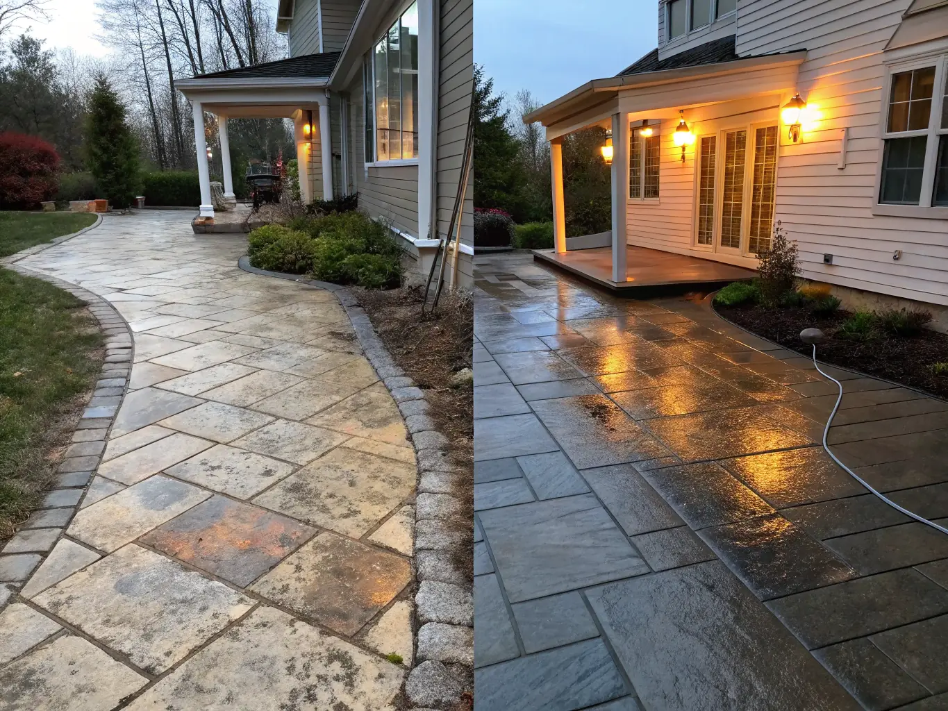 A before-and-after shot of a patio, with one half showing heavy staining and the other half looking pristine after power washing and sealing, demonstrating the transformative effect of the service.