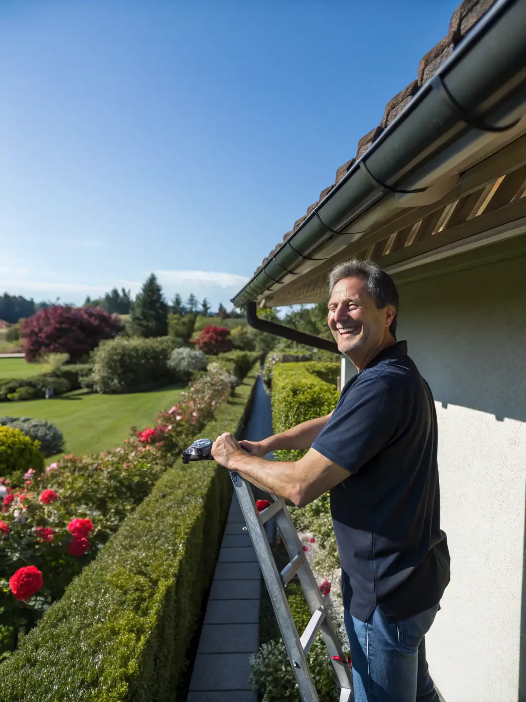 A homeowner smiling and shaking hands with a Guttermans installer in front of their house, symbolizing the personalized service and customer satisfaction that Guttermans provides.