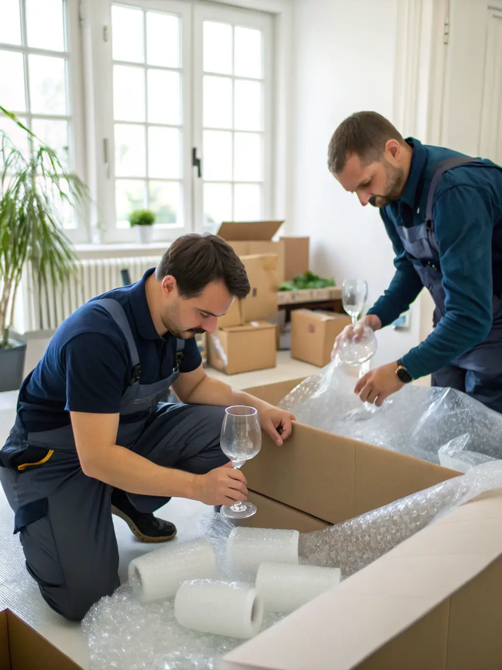 A professional packing team carefully wrapping fragile items with bubble wrap and placing them in sturdy boxes. The boxes are clearly labeled with color-coded stickers.