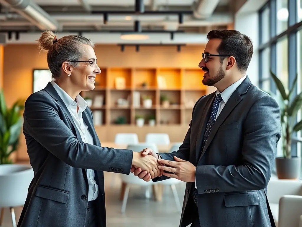 A photo of a happy business owner shaking hands with a Building Portland representative, symbolizing the company's commitment to building long-term partnerships.