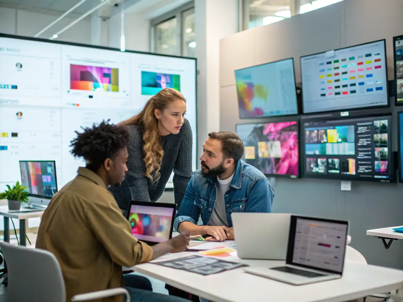 A high-resolution image depicting a team of Building Portland designers collaborating on a website mockup, showcasing their creativity and teamwork.