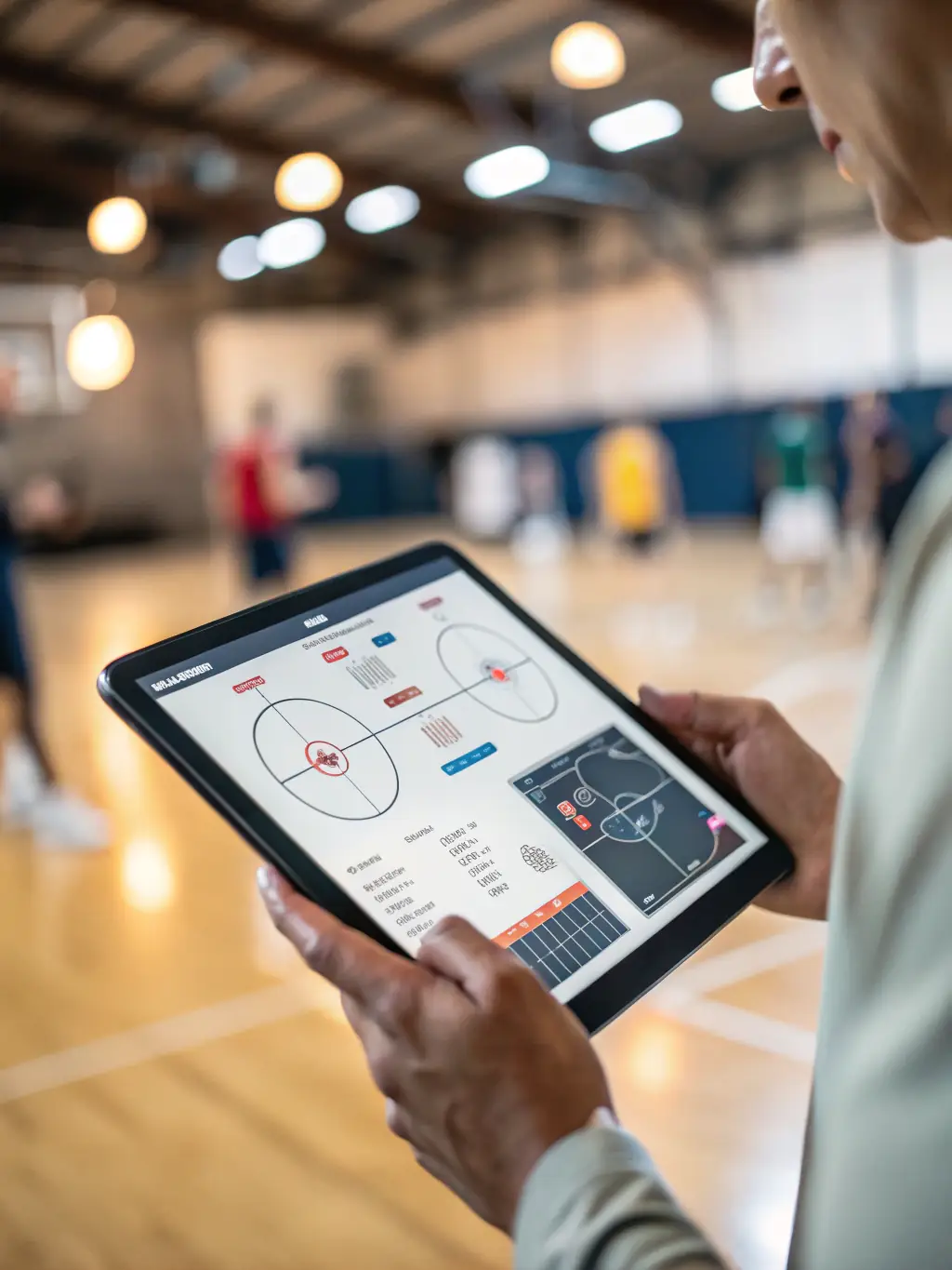 A basketball player reviewing game footage on a tablet, intensely focused, with a coach pointing at the screen, highlighting the benefit of improved focus and understanding.