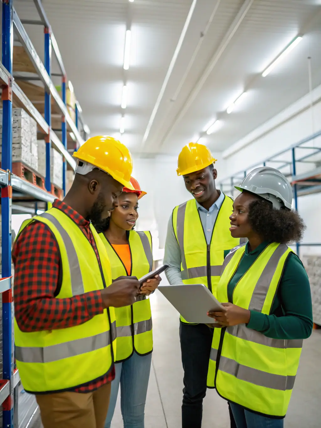 A diverse team of Guttermans employees working together in a warehouse, inspecting and packaging gutter components, emphasizing the company's commitment to quality control.
