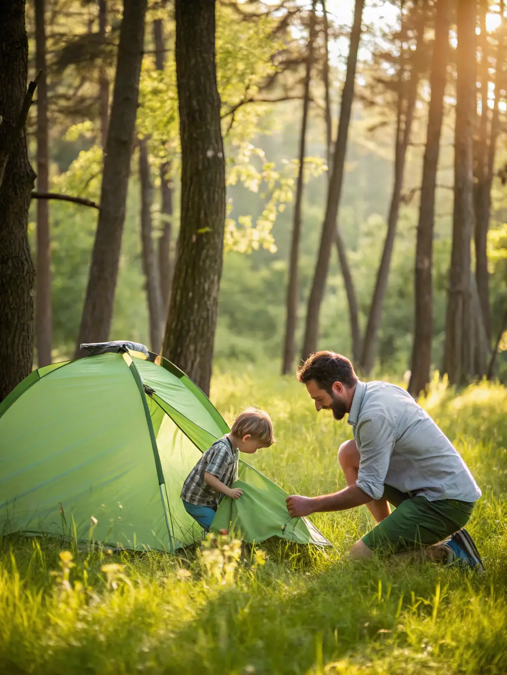 A family constructing a makeshift shelter in a wooded area during a preparedness training exercise, demonstrating teamwork and practical skills.