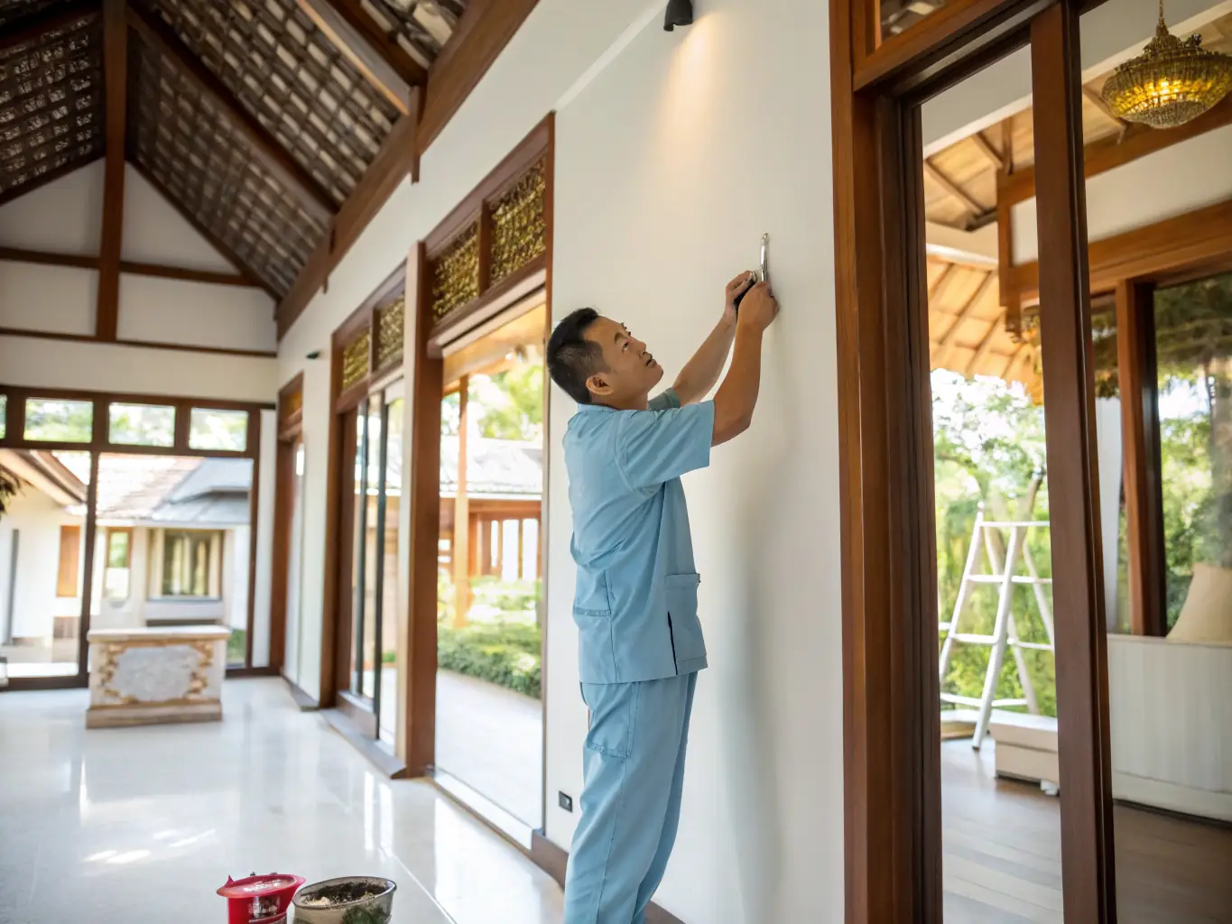 A high-resolution image of a Building Portland team member carefully handling a valuable piece of art during installation in a modern Portland home, showcasing their white-glove service.
