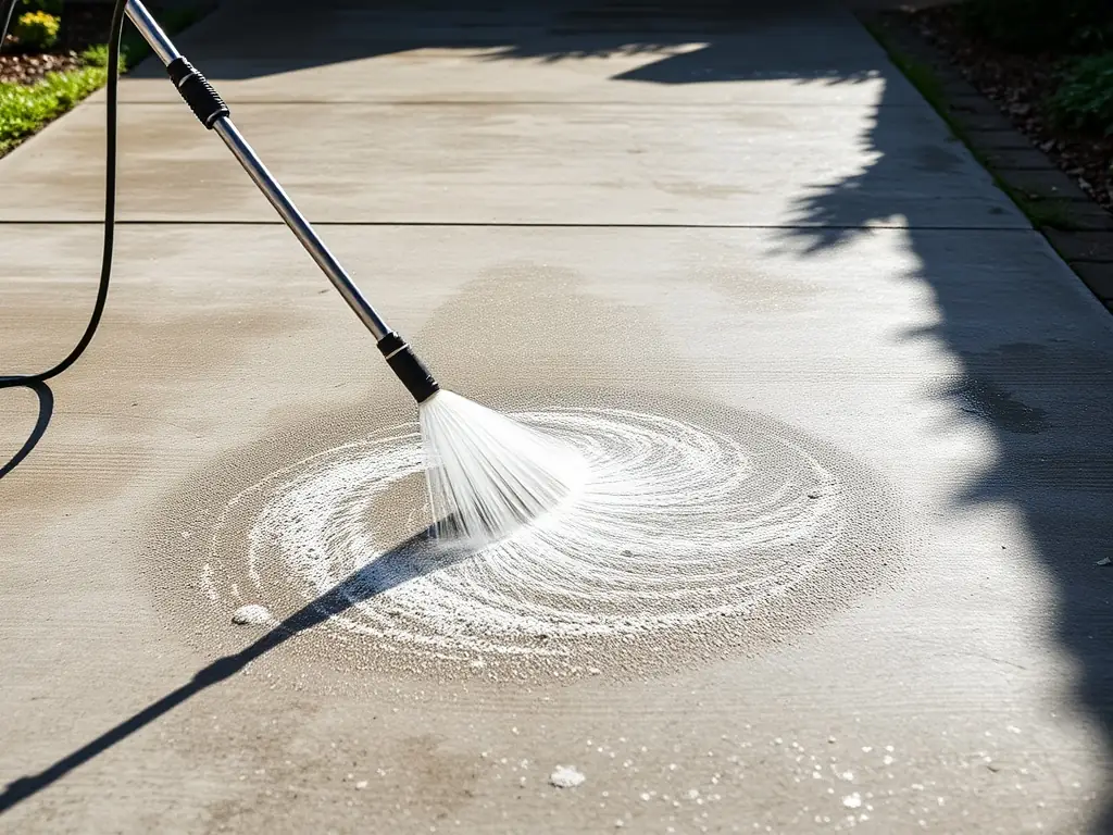 A close-up shot of a high-pressure power washer nozzle effectively removing grime and dirt from a concrete driveway, showcasing the power and precision of the equipment.