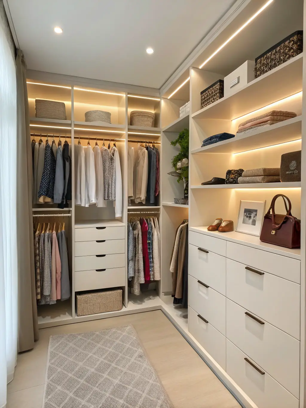 A brightly lit, organized closet with color-coded clothing and labeled storage boxes, showcasing the benefits of pre-move decluttering and organization services.