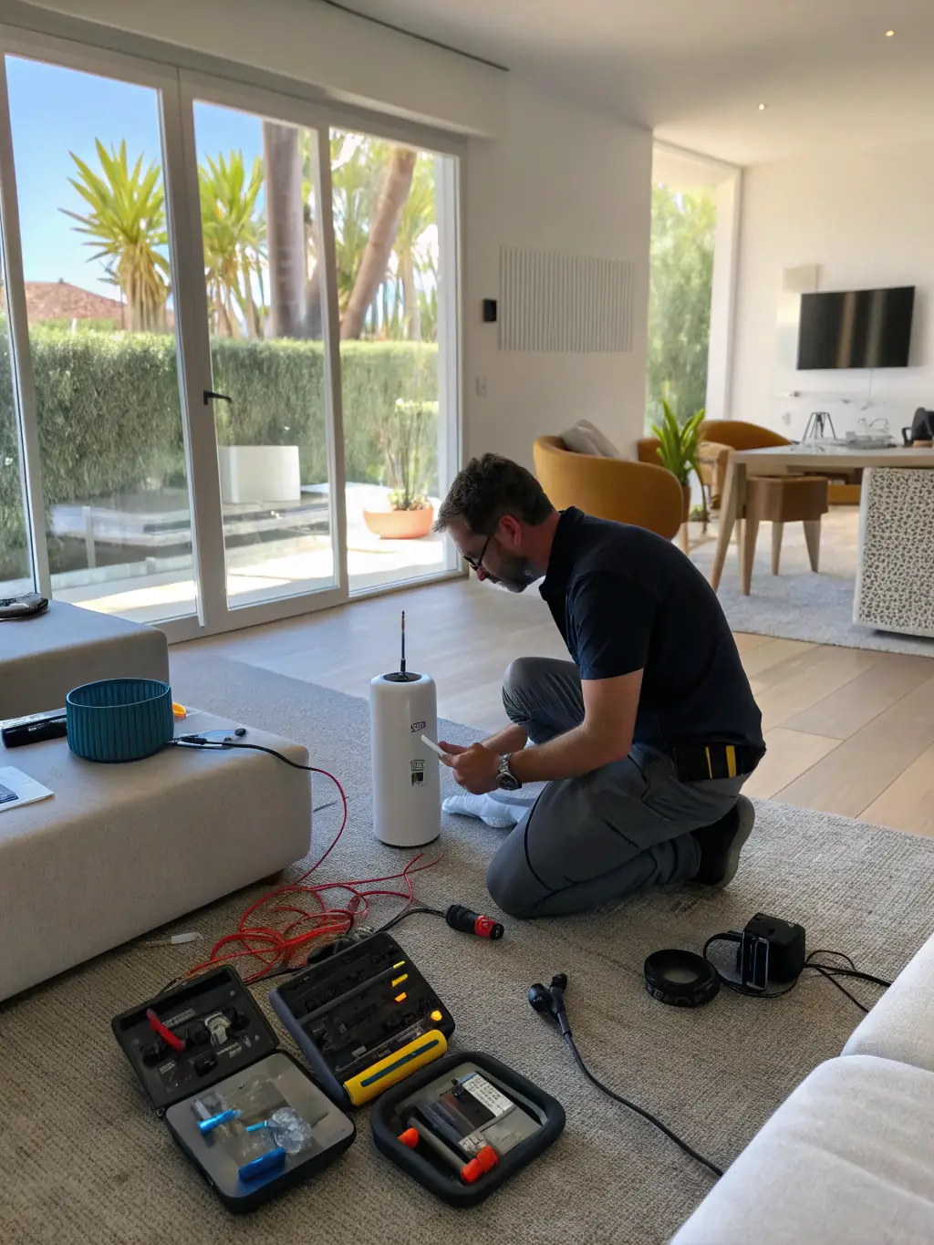 A photo of a Building Portland team member setting up a smart home system, including connecting devices and configuring settings. The team member is smiling and helpful.