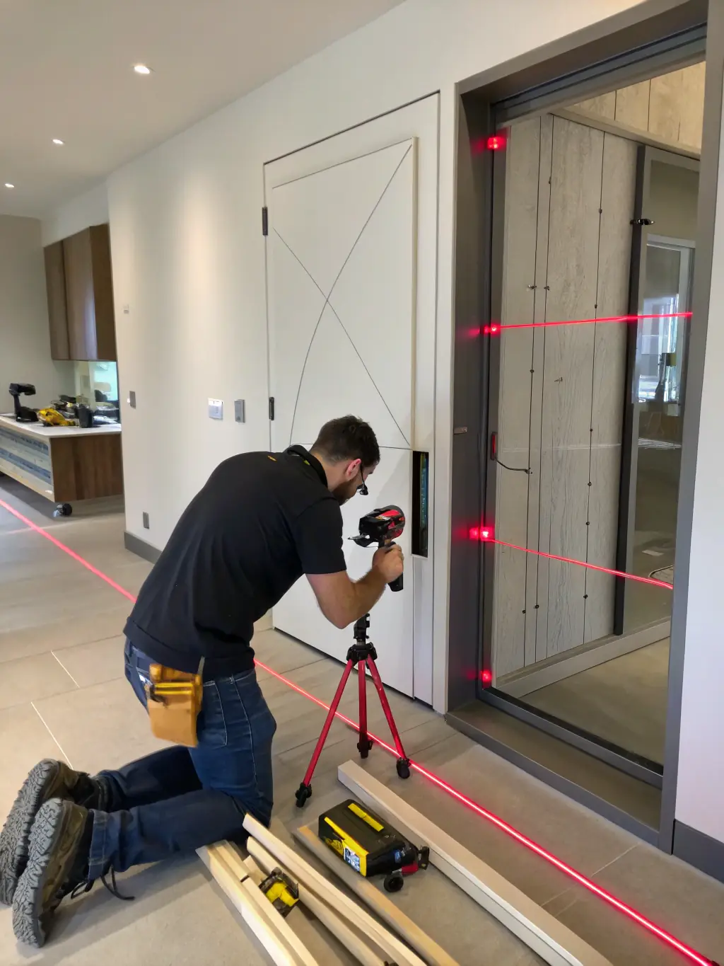 A detailed close-up shot of a professional art handler carefully using laser levels to precisely hang a valuable piece of art on a gallery wall.