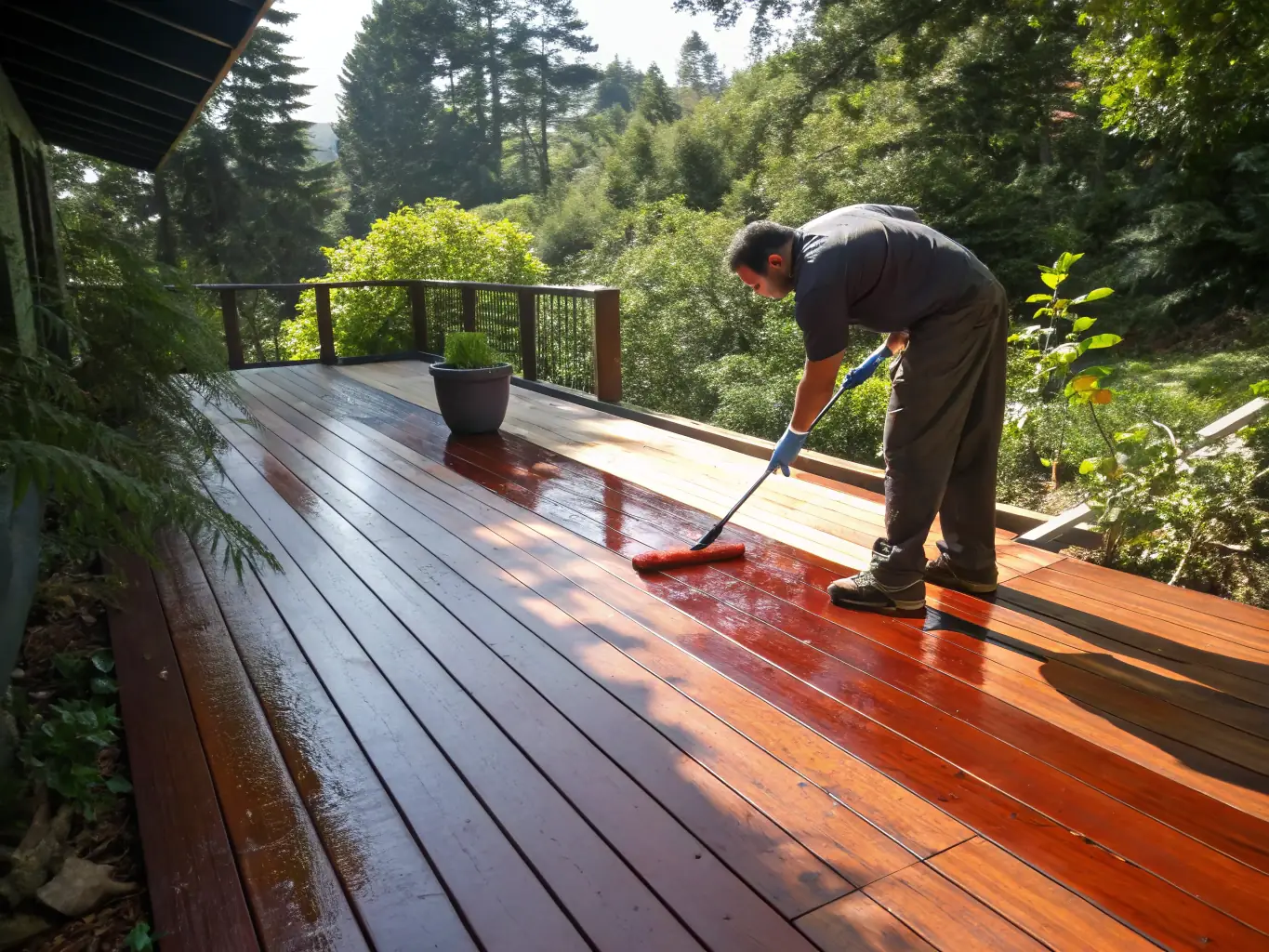 A professional applying sealant to a freshly power-washed wooden deck, highlighting the protective layer and enhancing the wood's natural beauty.